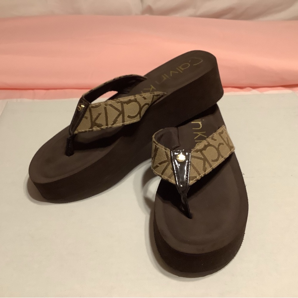 Calvin Klein Brown Logo Platform Flip Flops